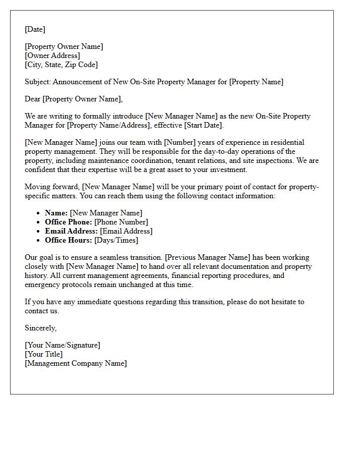 Transition Letter to Property Owners Announcing the New On-Site Property Manager