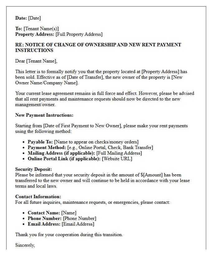 Change of Ownership and Rent Payment Instructions Letter
