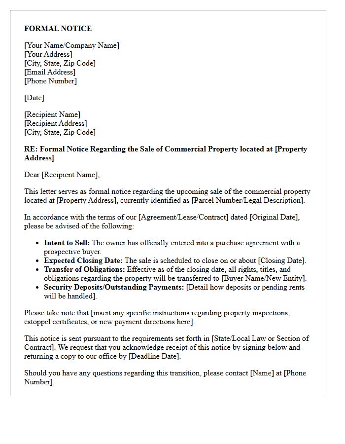 Letter of Formal Notice Regarding Commercial Property Sale