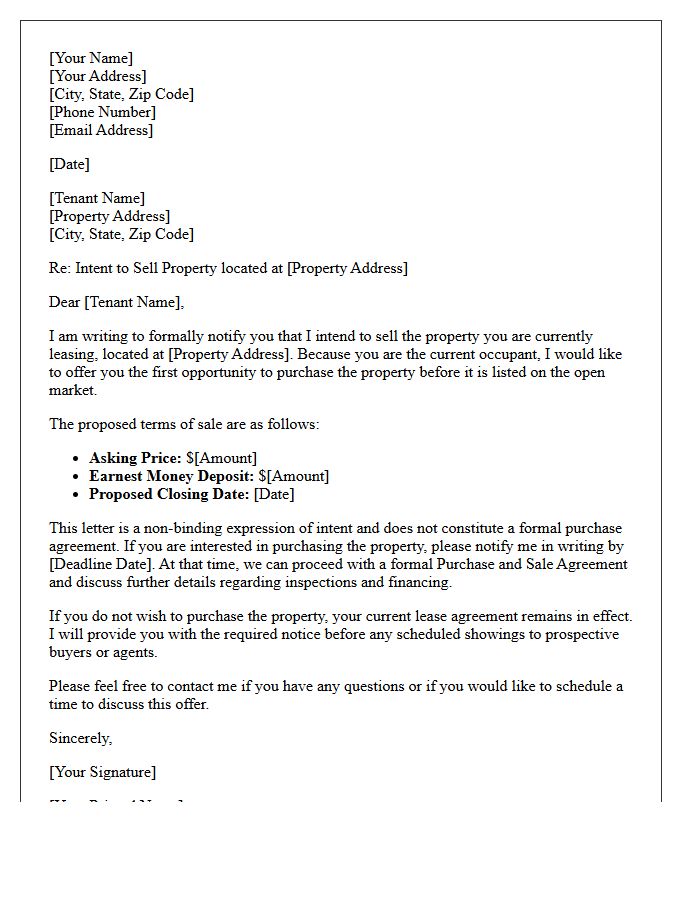 Letter of Intent to Sell Property to Current Leaseholders
