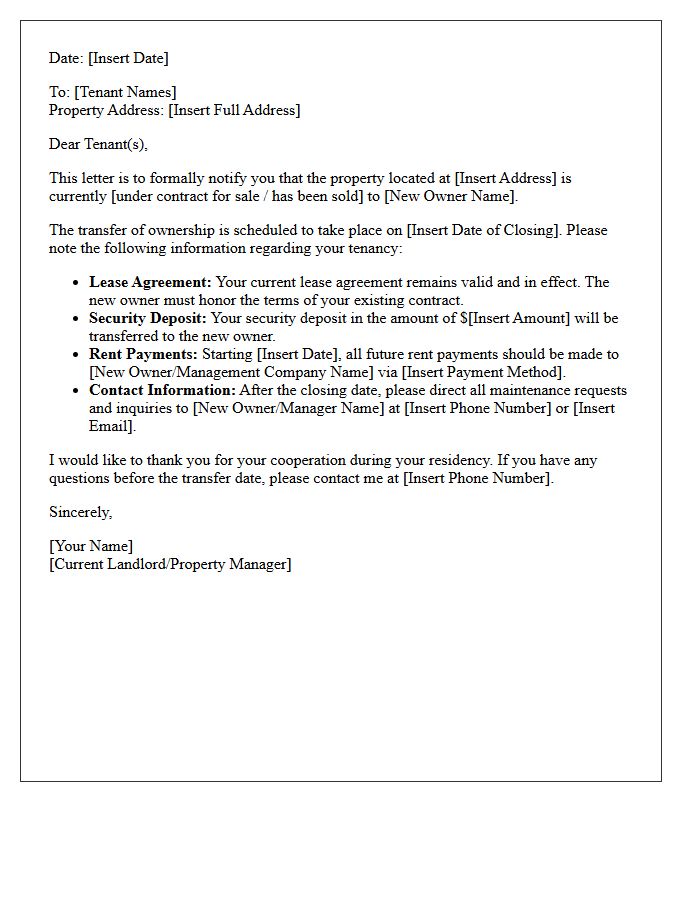 Notice of Property Sale Letter to Tenants