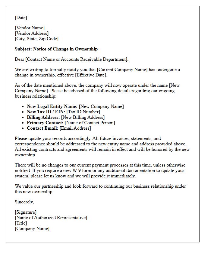 Ownership Transfer Notification Letter for Vendors
