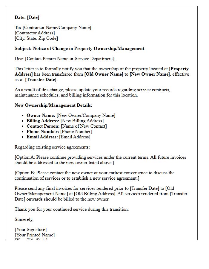 Property Ownership Reassignment Letter for Maintenance Contractors