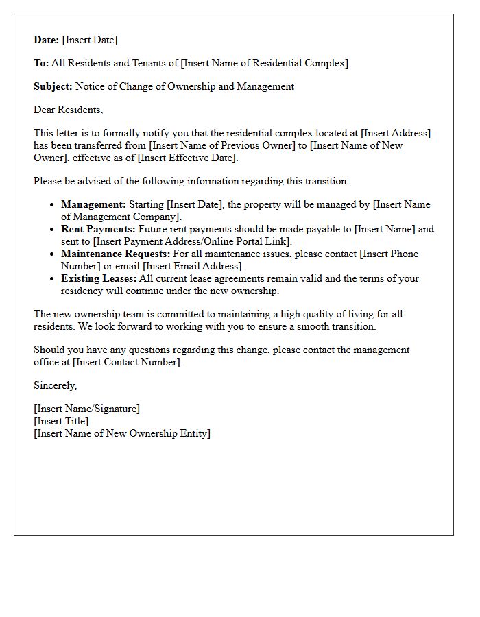 Residential Complex Ownership Transfer Announcement Letter