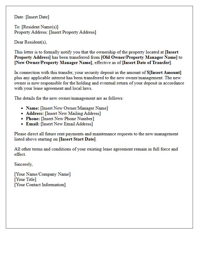 Security Deposit Transfer Notice Letter to Residents