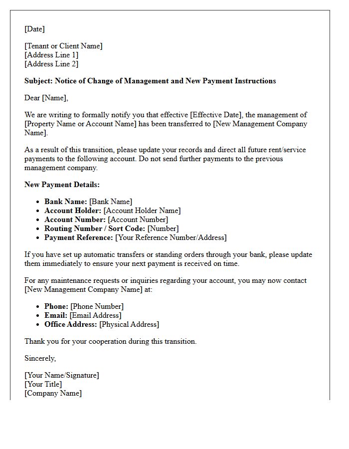 Change of Management and Payment Instructions Letter