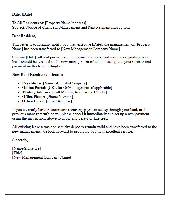 New Management Rent Remittance Letter