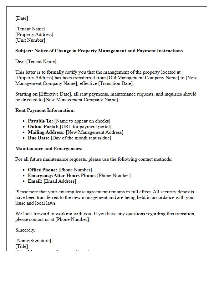 Property Management Transition and Payment Letter