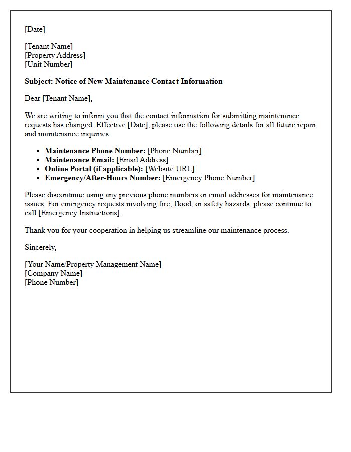 Letter Announcing New Contact Information for Maintenance Requests