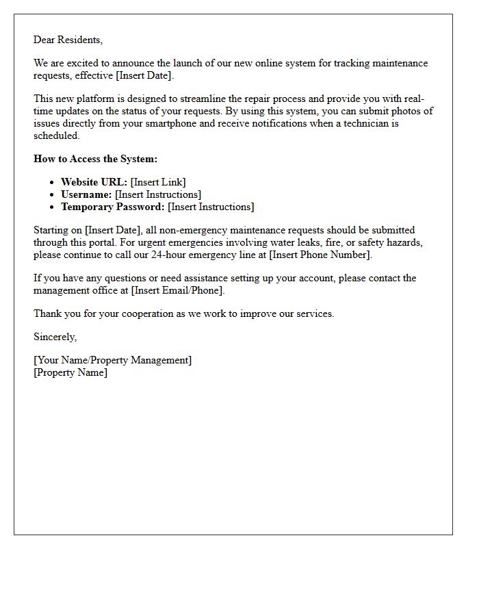 Letter Announcing New Online System for Tracking Maintenance Requests