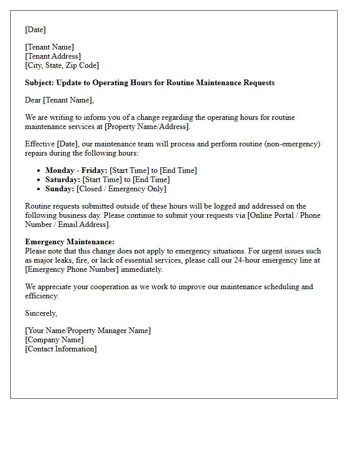 Letter Detailing New Operating Hours for Routine Maintenance Requests