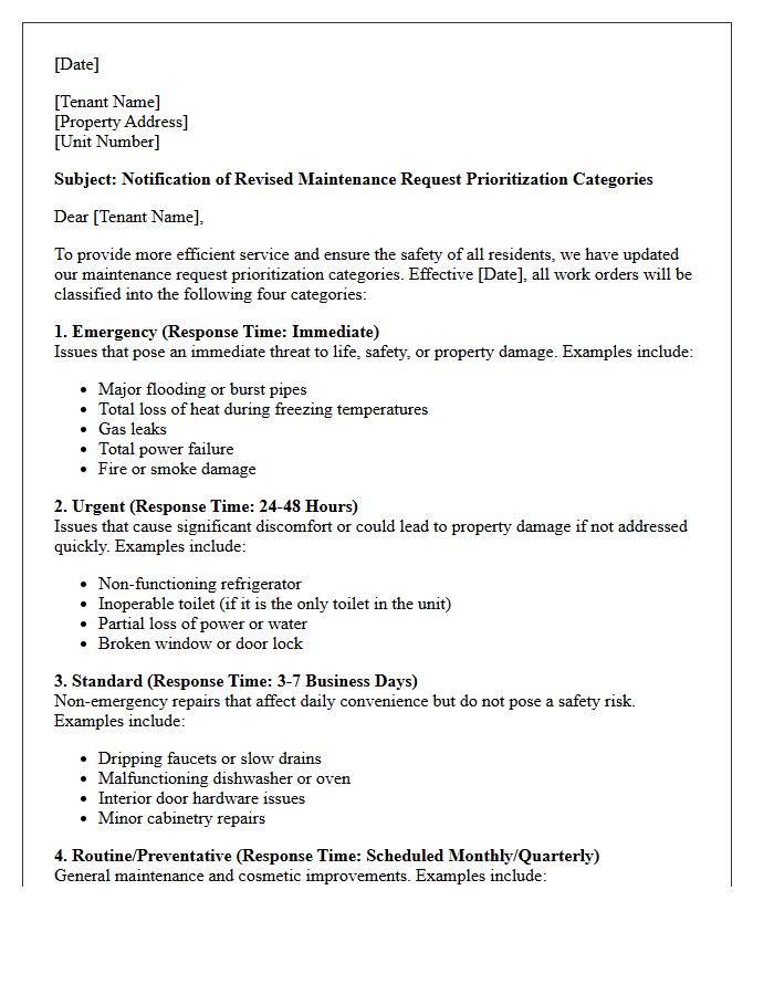 Letter Explaining Revised Maintenance Request Prioritization Categories