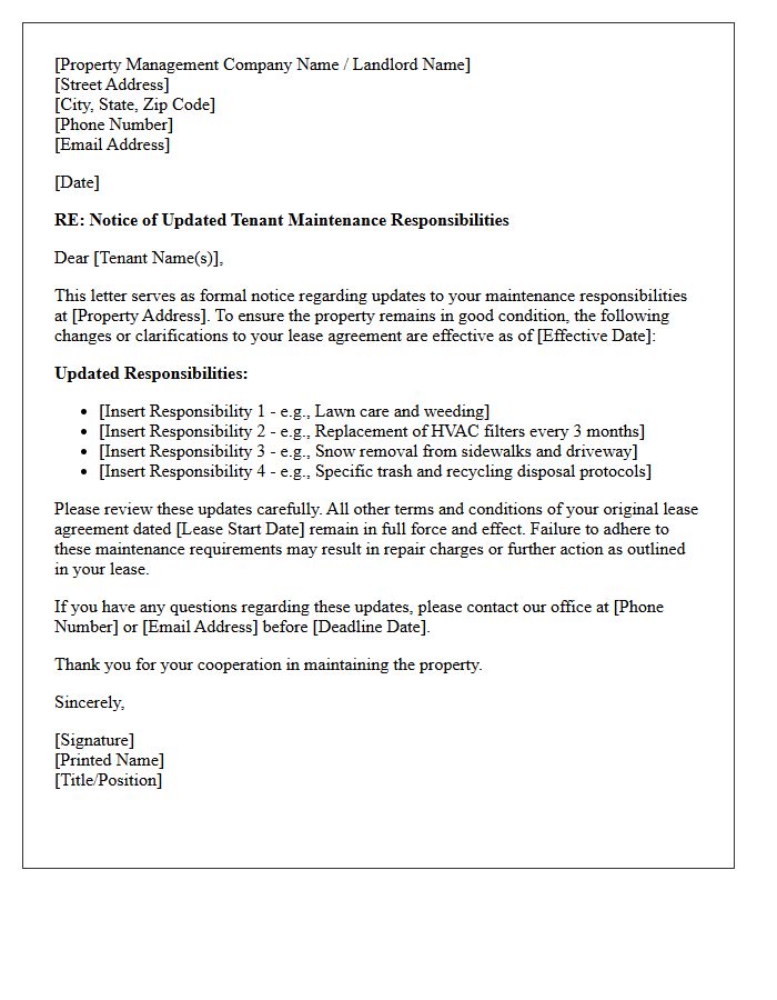 Letter of Notice Regarding Updated Tenant Maintenance Responsibilities