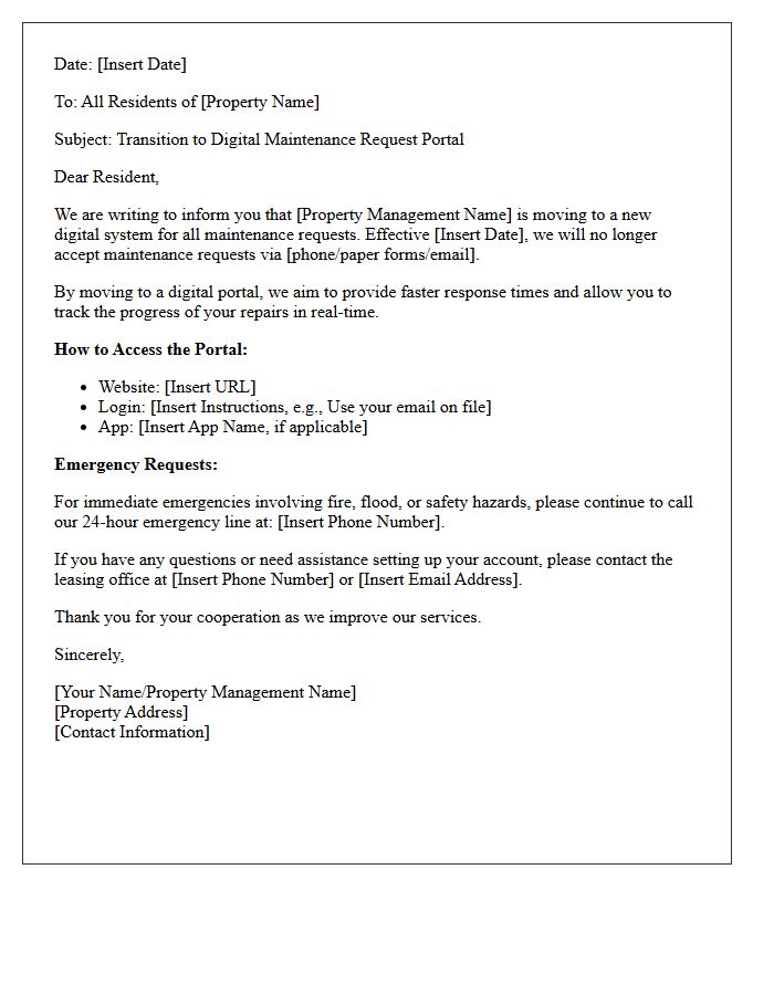 Letter Regarding Transition to Digital Maintenance Request Portal