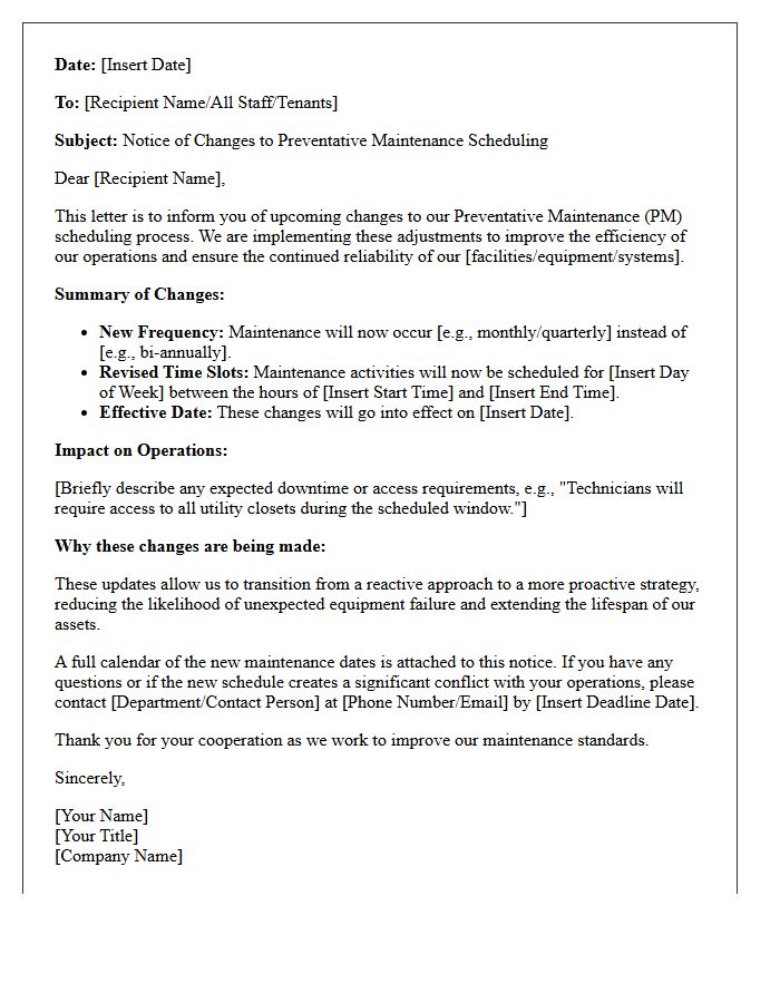 Notice Letter Outlining Changes to Preventative Maintenance Scheduling