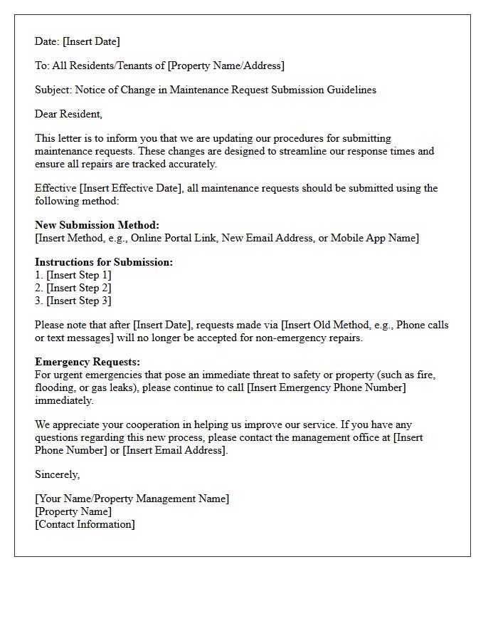 Notice of Change in Maintenance Request Submission Guidelines Letter