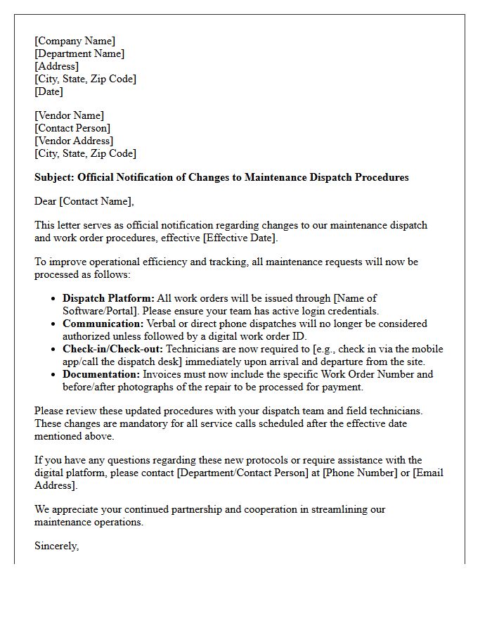 Official Letter on Changes to Vendor Maintenance Dispatch Procedures