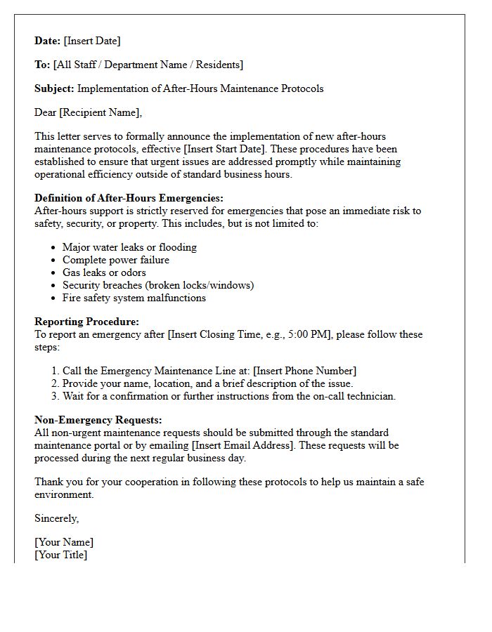 Standard Letter for Implementation of After-Hours Maintenance Protocols