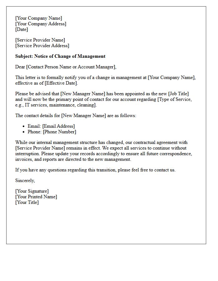 Change of Management Notice Letter for Service Providers