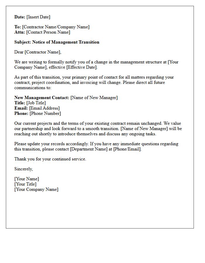 Contractor Update Letter on Management Transition