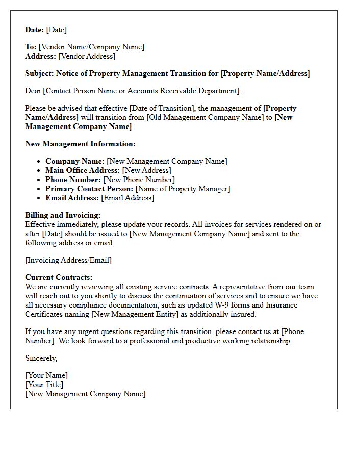 Letter Announcing Property Management Transition to Vendors
