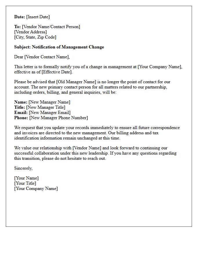Letter of Management Change Notification for Vendors
