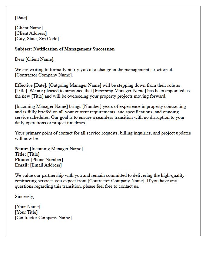 Management Succession Letter for Property Contractors