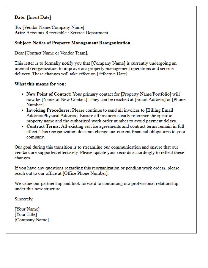Property Management Reorganization Letter for Vendors