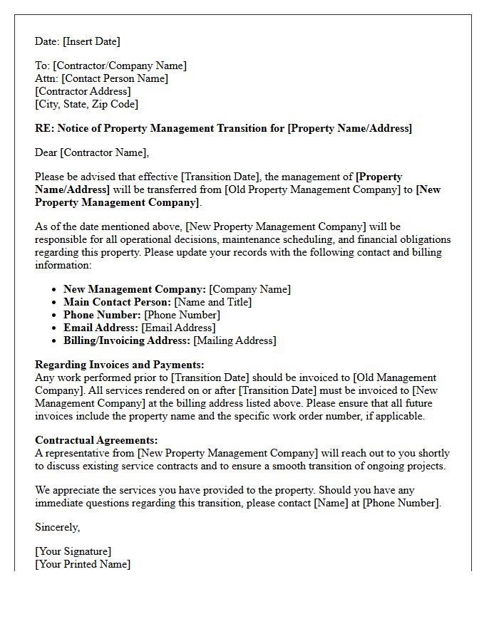 Property Management Transition Letter for Contractors