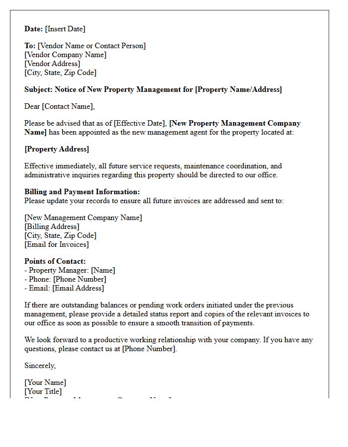 Vendor Notification Letter for New Property Management