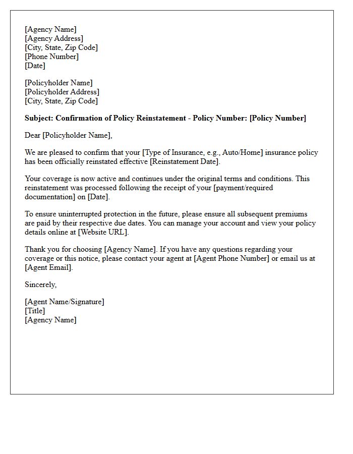 Agency Confirmation of Policy Reinstatement Letter
