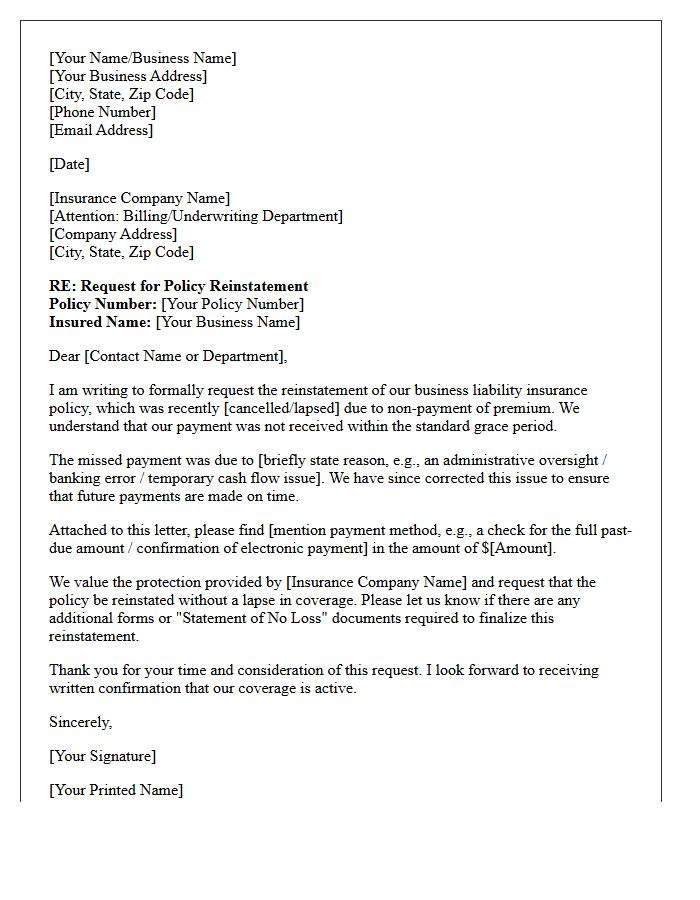 Business Liability Grace Period Reinstatement Letter