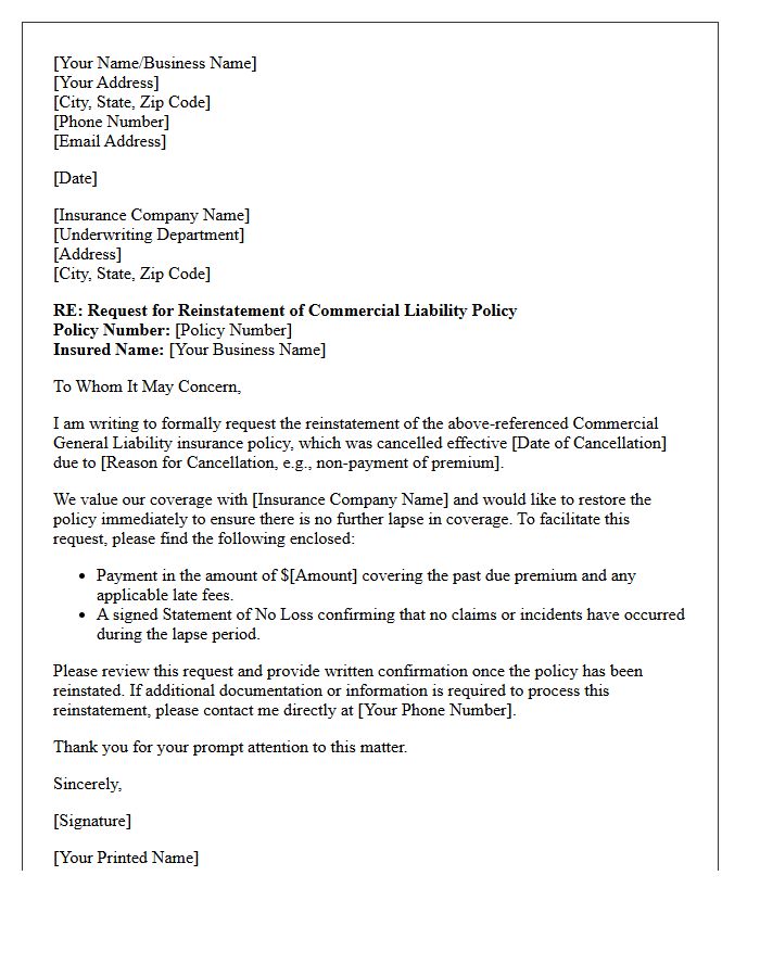 Commercial Liability Policy Reinstatement Request Letter