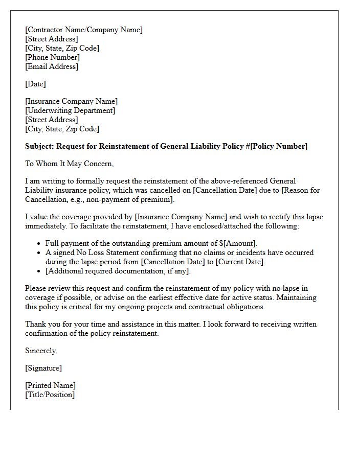 Contractor Liability Policy Reinstatement Letter