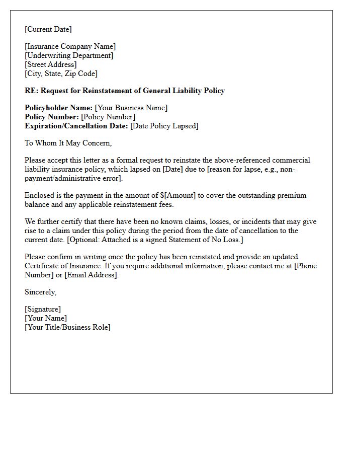 Lapsed Commercial Liability Reinstatement Letter
