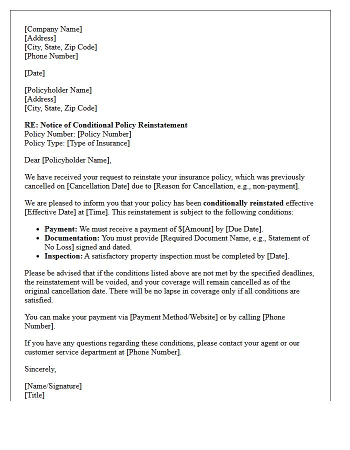 Notice of Conditional Policy Reinstatement Letter