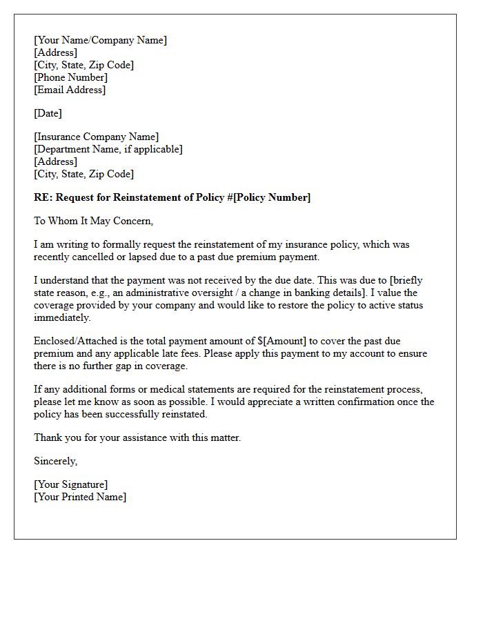 Past Due Premium Payment Reinstatement Letter