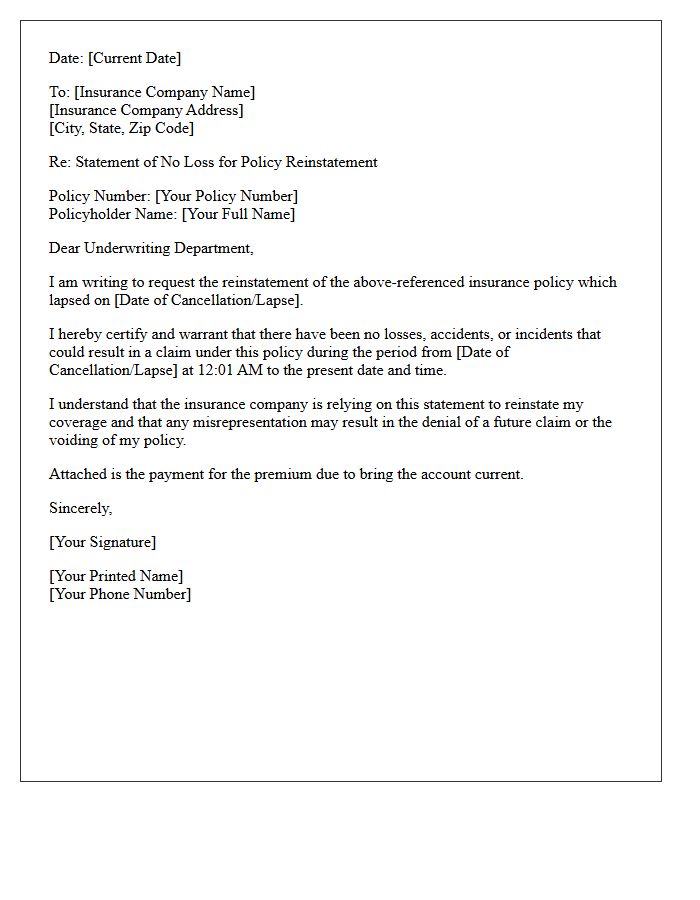 Statement of No Loss for Reinstatement Letter
