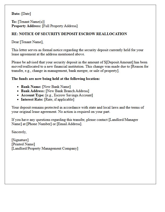Escrow Reallocation Security Deposit Notice Letter