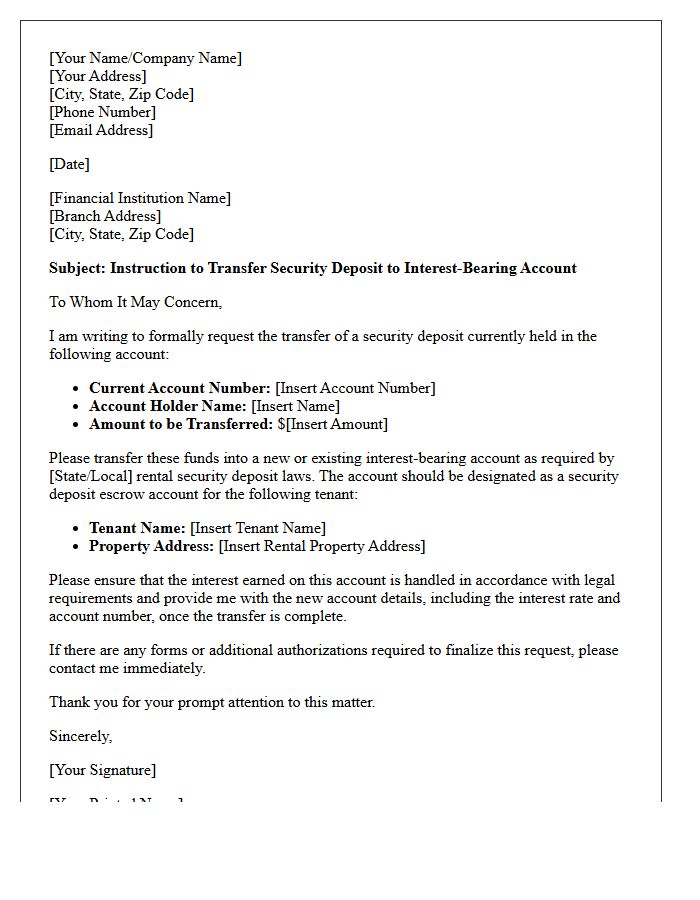 Interest-Bearing Account Security Deposit Transfer Letter