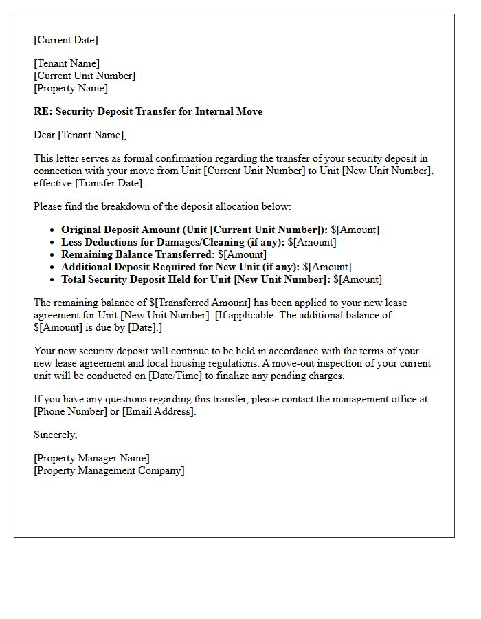 Internal Unit Transfer Security Deposit Letter