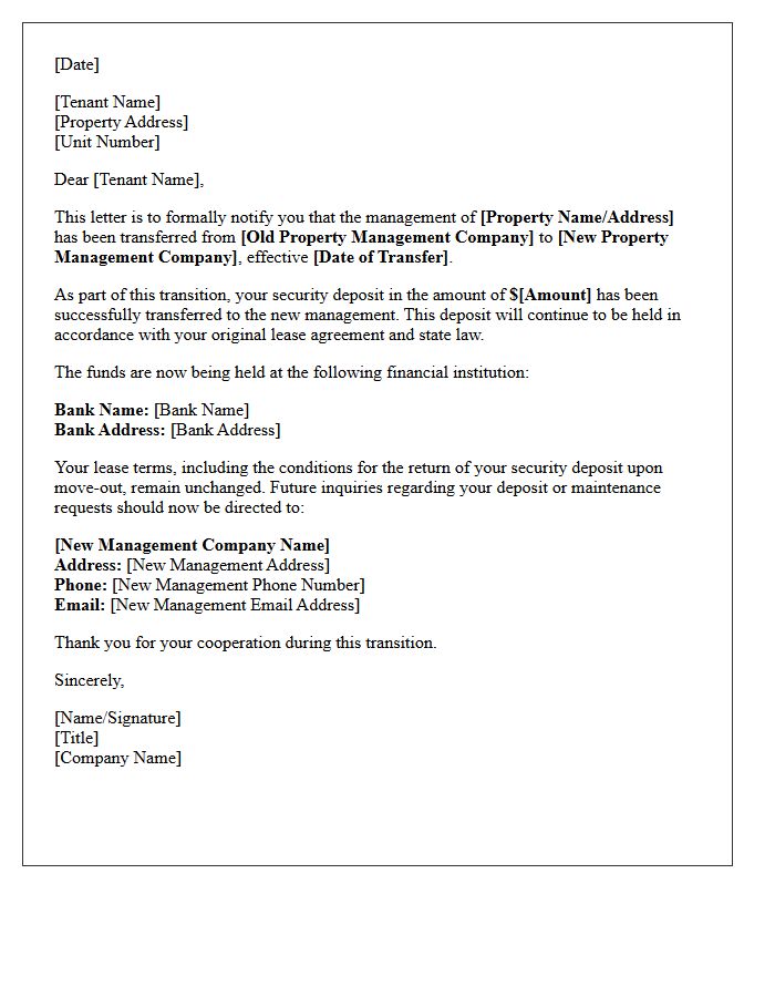Property Management Transition Security Deposit Letter