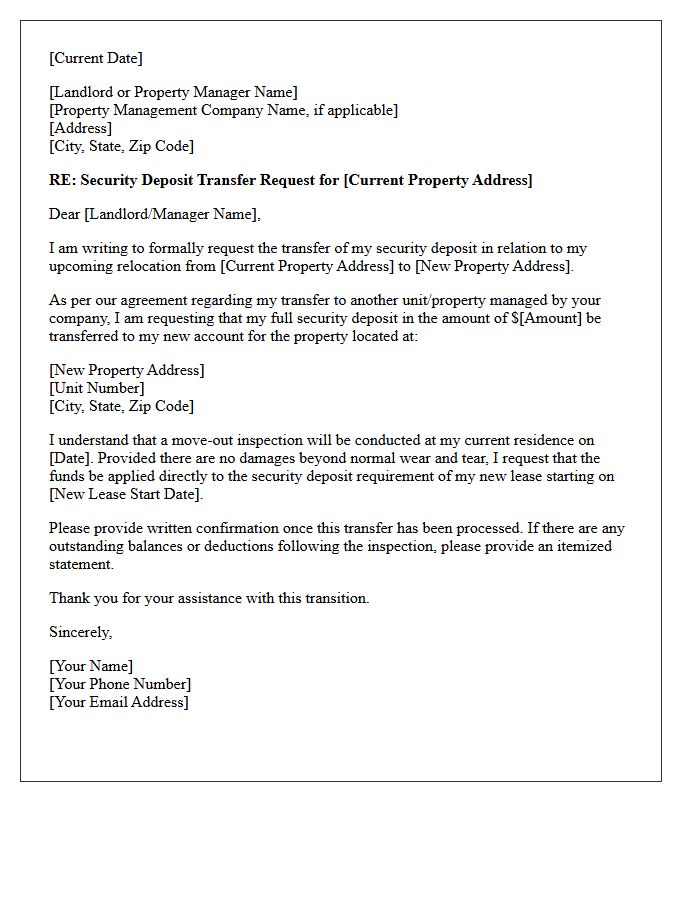 Property Relocation Security Deposit Transfer Letter