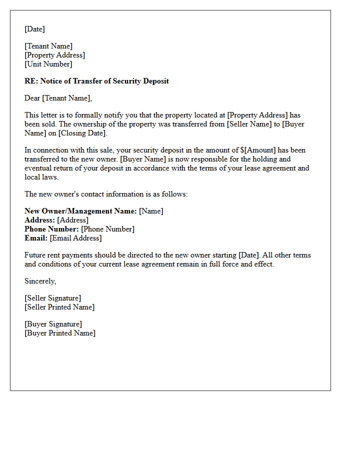 Property Sale Security Deposit Transfer Letter