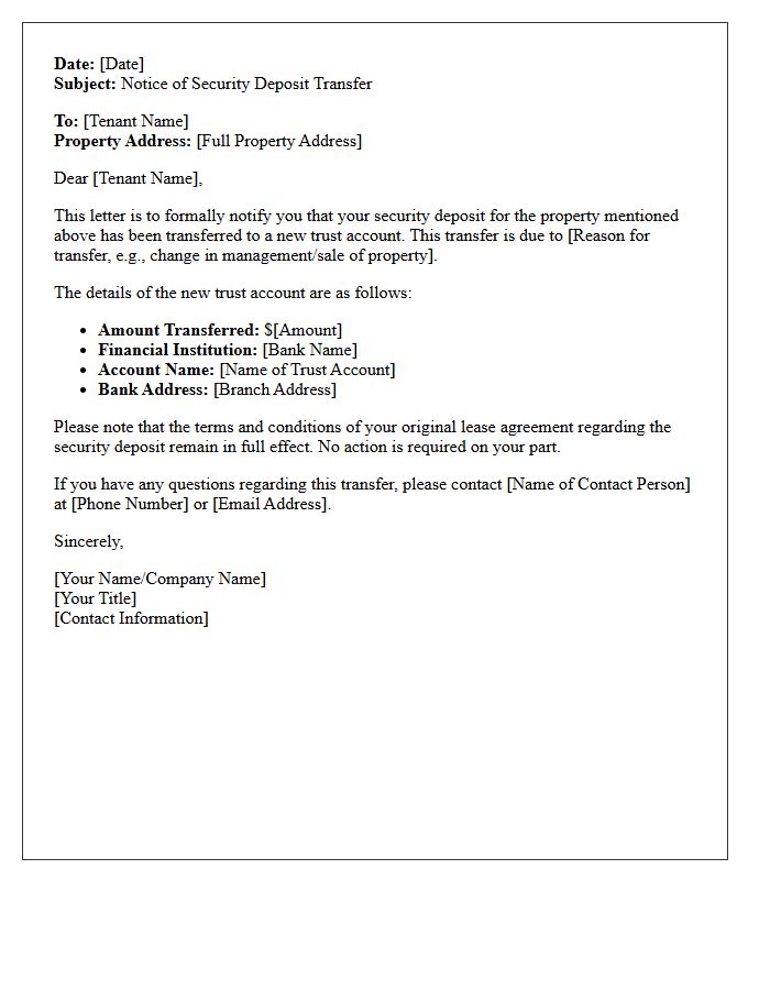 Trust Account Security Deposit Transfer Letter