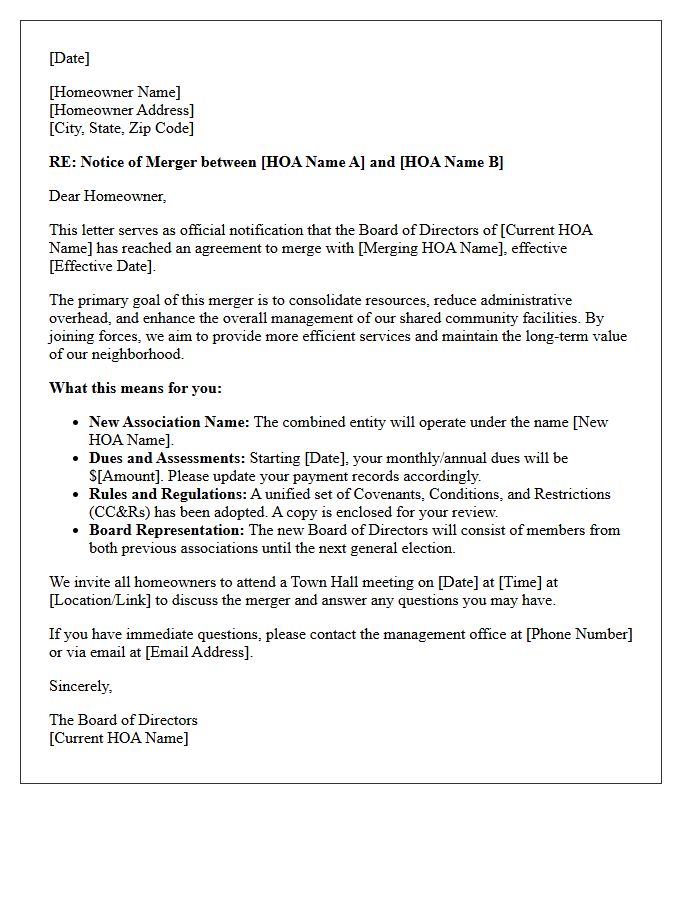 Homeowners Association Board Merger Notification Letter
