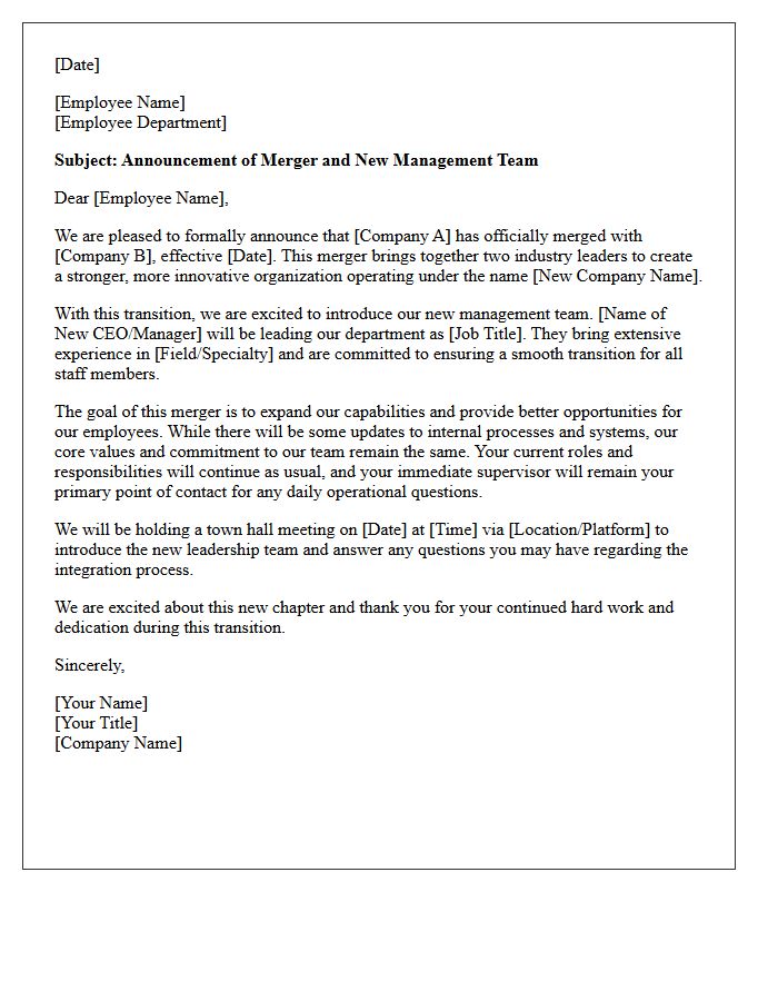 New Management Welcome and Merger Introduction Letter