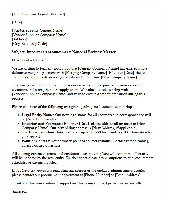 Vendor and Supplier Merger Notification Letter