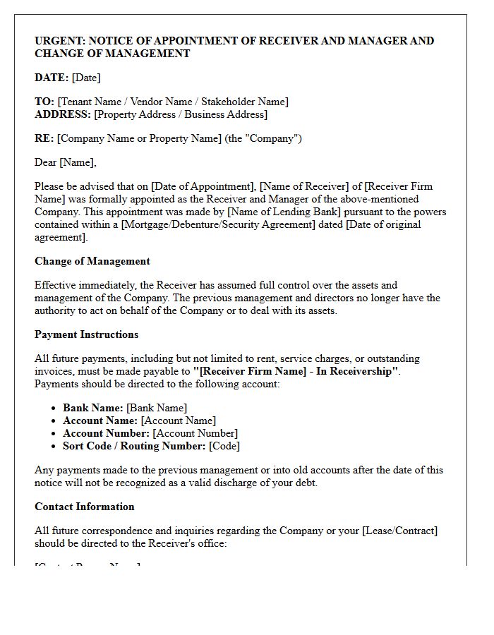 Bank Appointed Receiver and Change of Management Letter