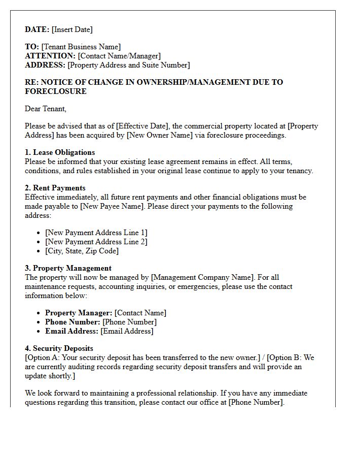 Commercial Tenant Foreclosure Notice and Management Update Letter